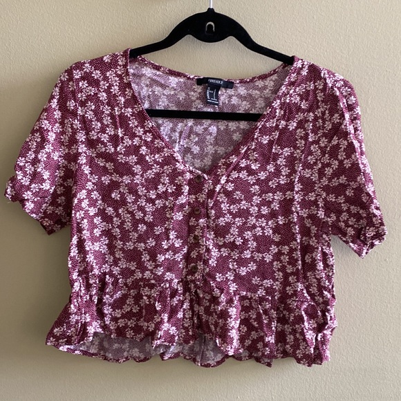 Forever 21 Red Ditsy Floral Print Button Up Top Size L - Picture 4 of 7